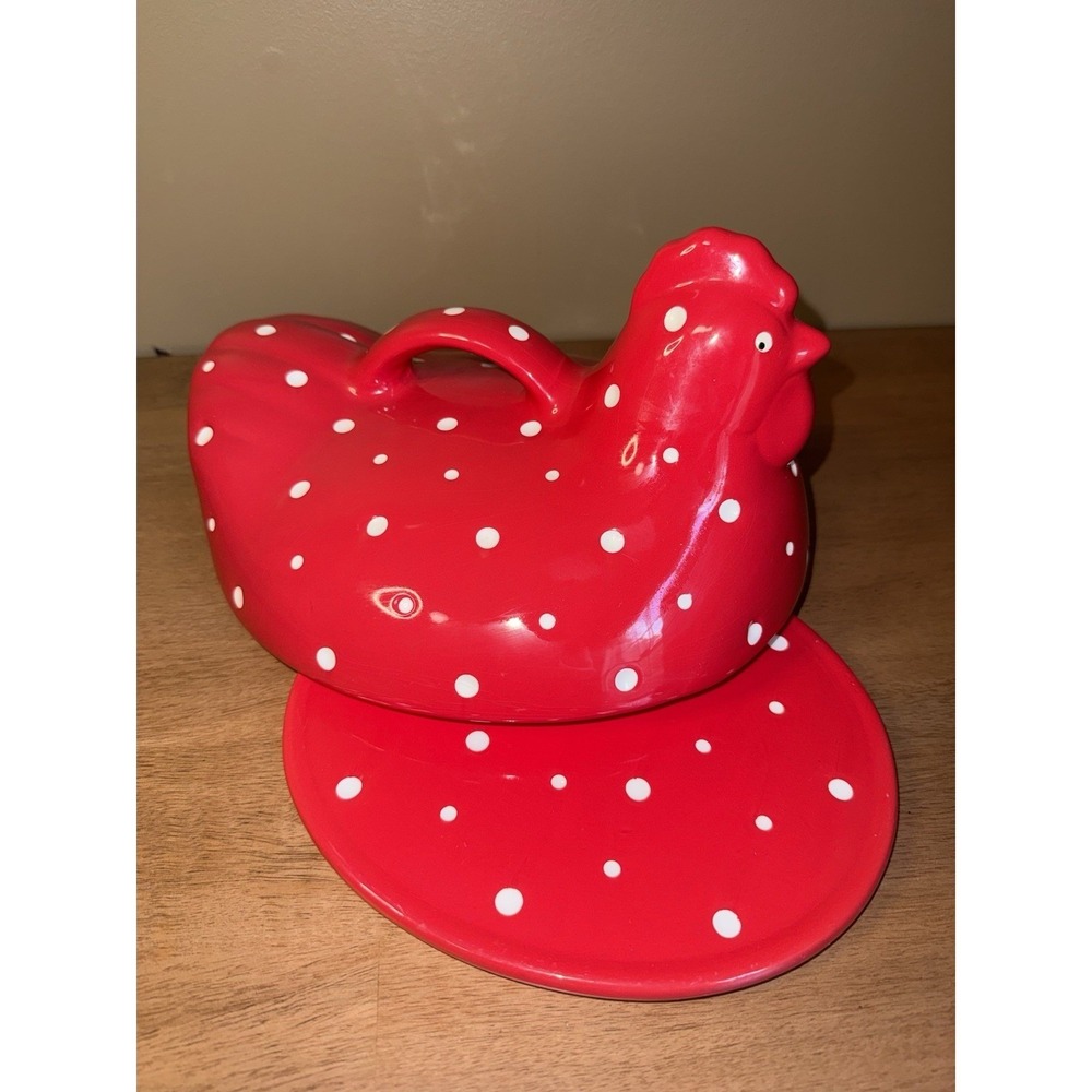 Red White Polka Dot Ceramic Chicken Hen Butter Dish Farmhouse Kitchen Decor 7in